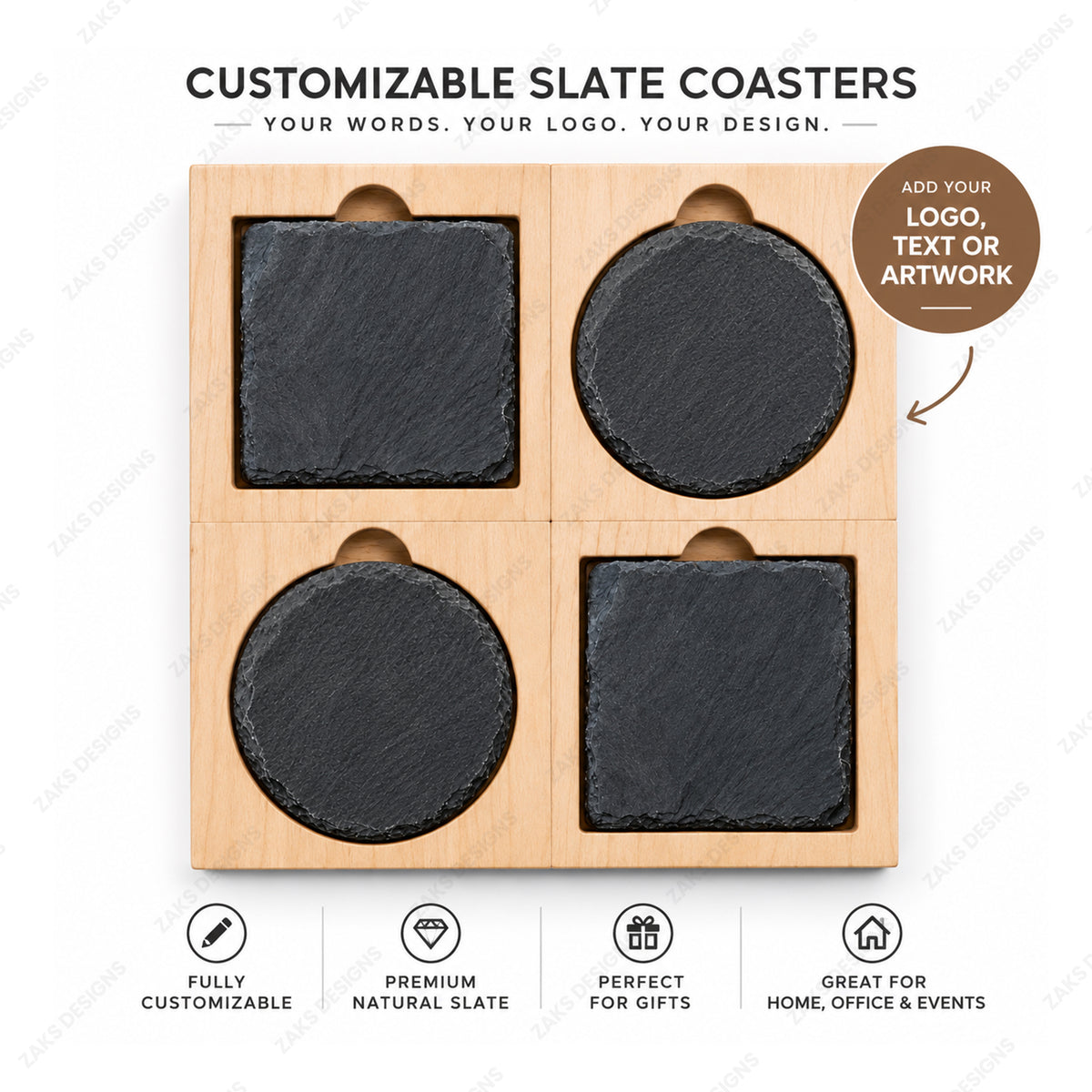 Customizable slate coasters in a 2x2 wooden tray, featuring two square and two circular dark gray slate pieces on a light wood base, shown on a white background with promotional text and icons.