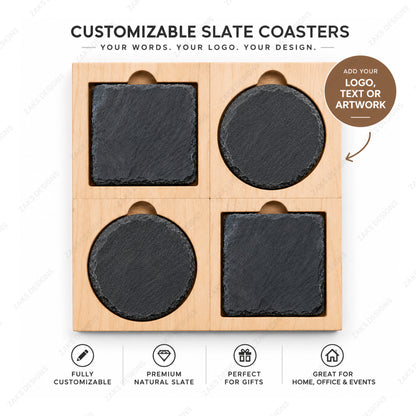 Customizable slate coasters in a 2x2 wooden tray, featuring two square and two circular dark gray slate pieces on a light wood base, shown on a white background with promotional text and icons.