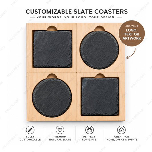 Customizable slate coasters in a 2x2 wooden tray, featuring two square and two circular dark gray slate pieces on a light wood base, shown on a white background with promotional text and icons.