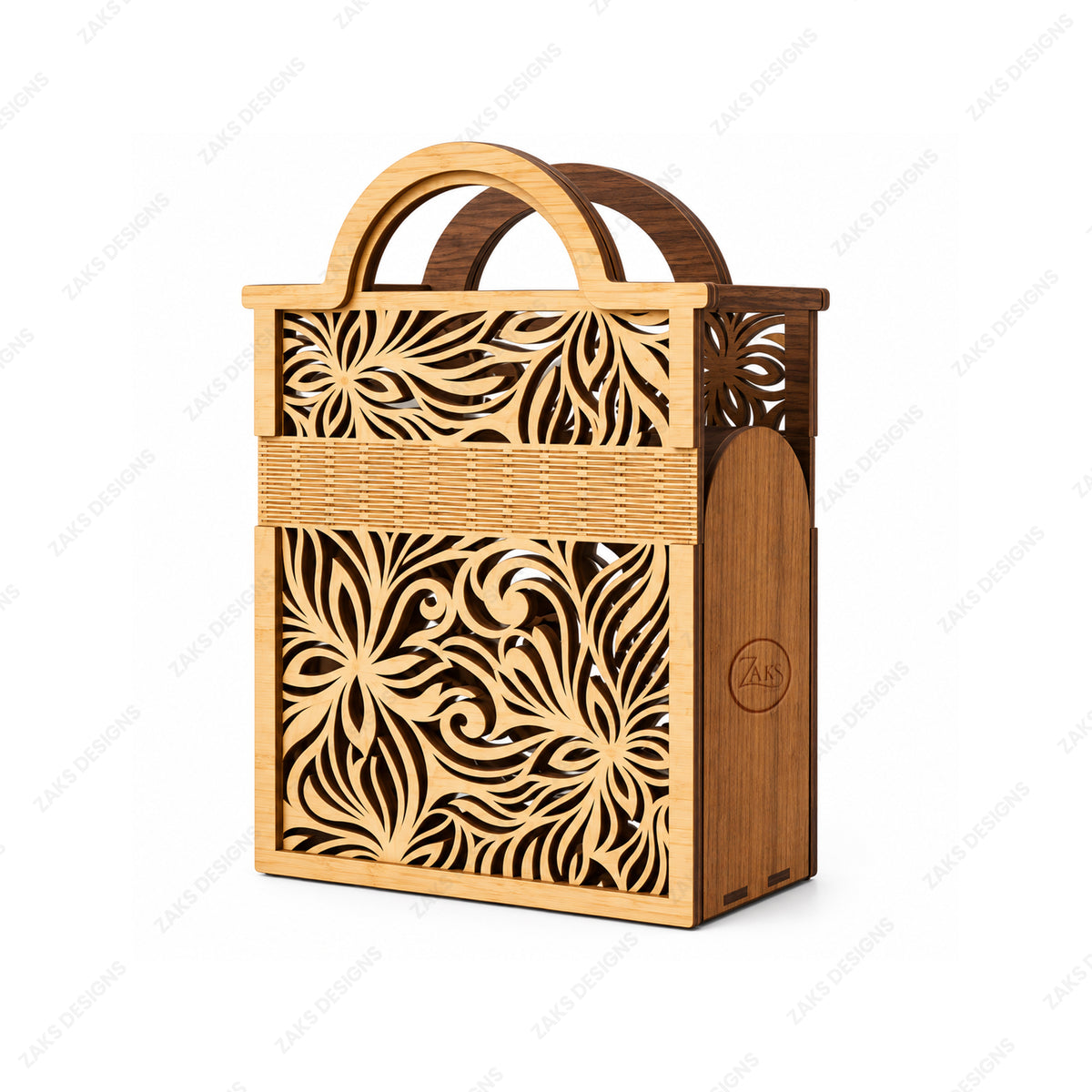 A rectangular wooden decorative box with intricate laser-cut floral patterns on the front and sides, featuring a woven wicker-style band around the middle and two arched handles on top, shown on a white background.