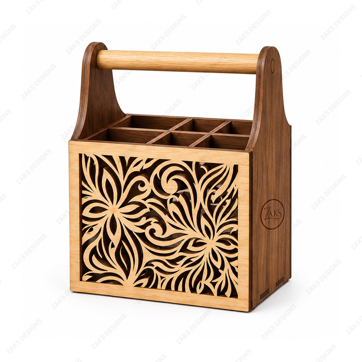 A wooden organizer basket with a handle, featuring a floral laser-cut pattern on the front and six compartments in the top, shown on a white background with diagonal watermarks.