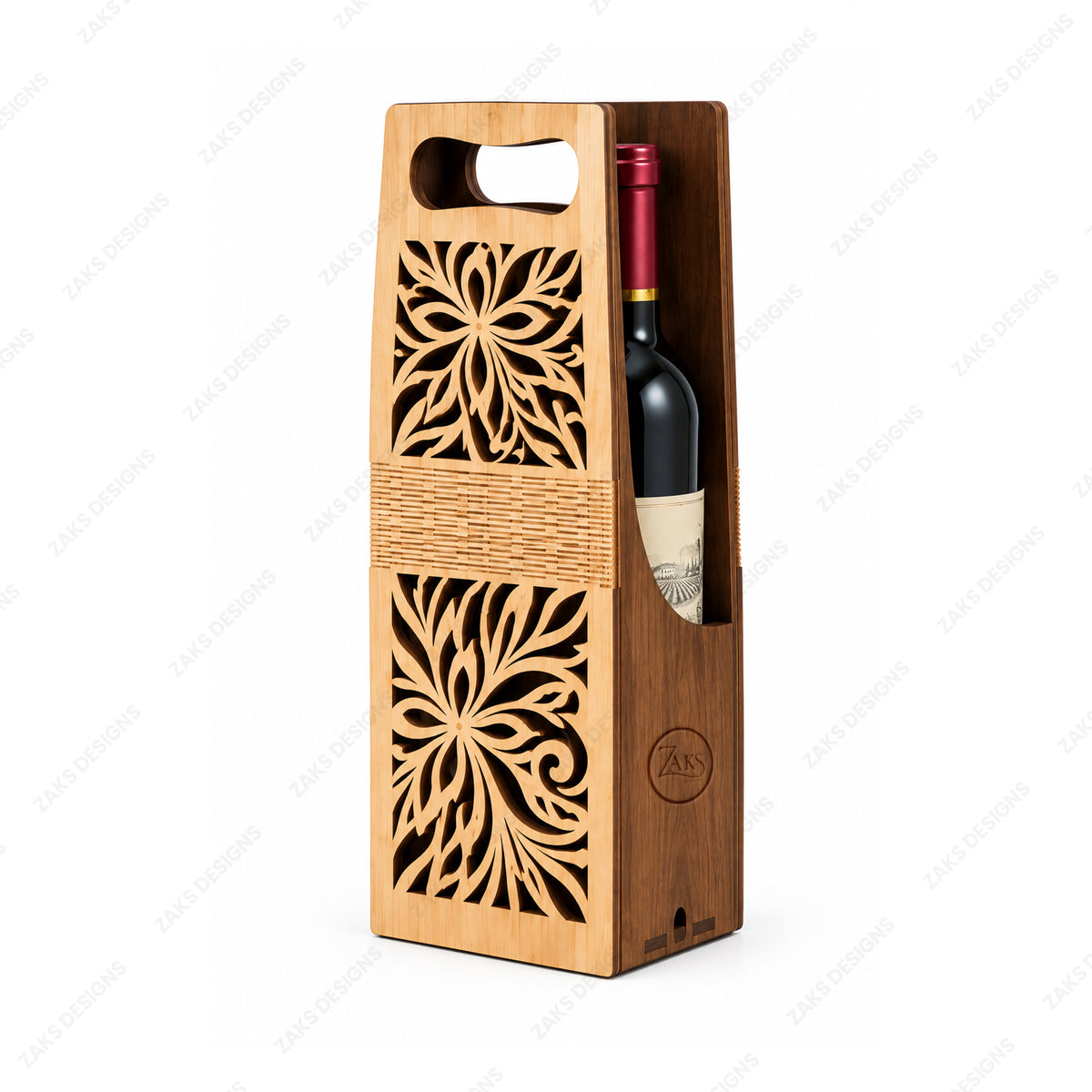 A wooden wine bottle carrier with laser-cut floral patterns and a woven-style center band, holding a dark wine bottle. The carrier has a natural light wood finish and a small circular logo embossed on the front, shown on a white background with faint diagonal watermarks.