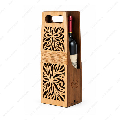 A wooden wine bottle carrier with laser-cut floral patterns and a woven-style center band, holding a dark wine bottle. The carrier has a natural light wood finish and a small circular logo embossed on the front, shown on a white background with faint diagonal watermarks.
