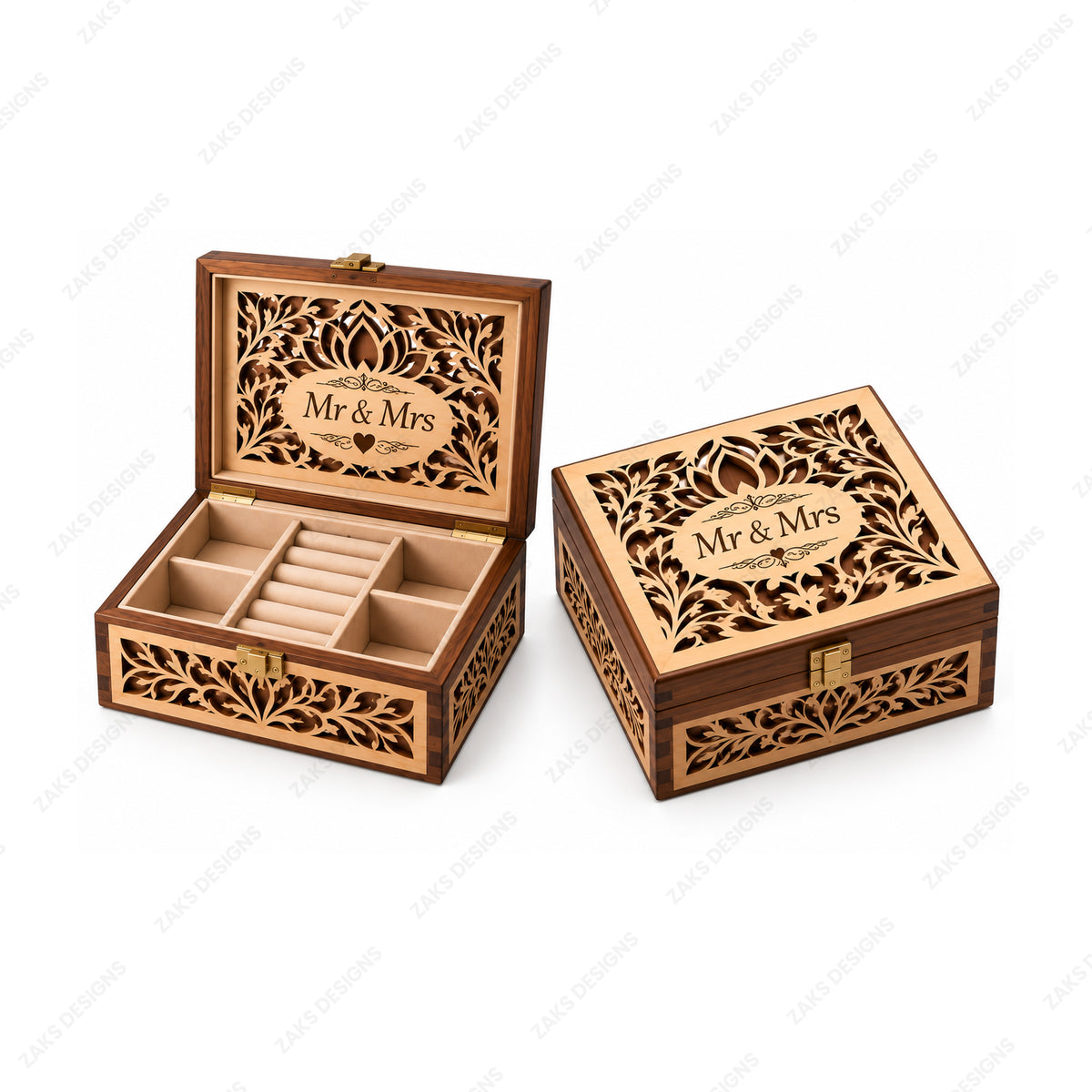 Two wooden keepsake boxes with laser-cut floral patterns and 'Mr & Mrs' engraving, one shown open with interior compartments and the other closed, on a white background.