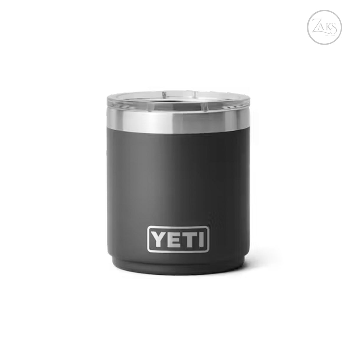 A matte black YETI insulated tumbler with a clear lid and a silver stainless steel band near the top, featuring the white YETI logo on the front, set against a plain white background.