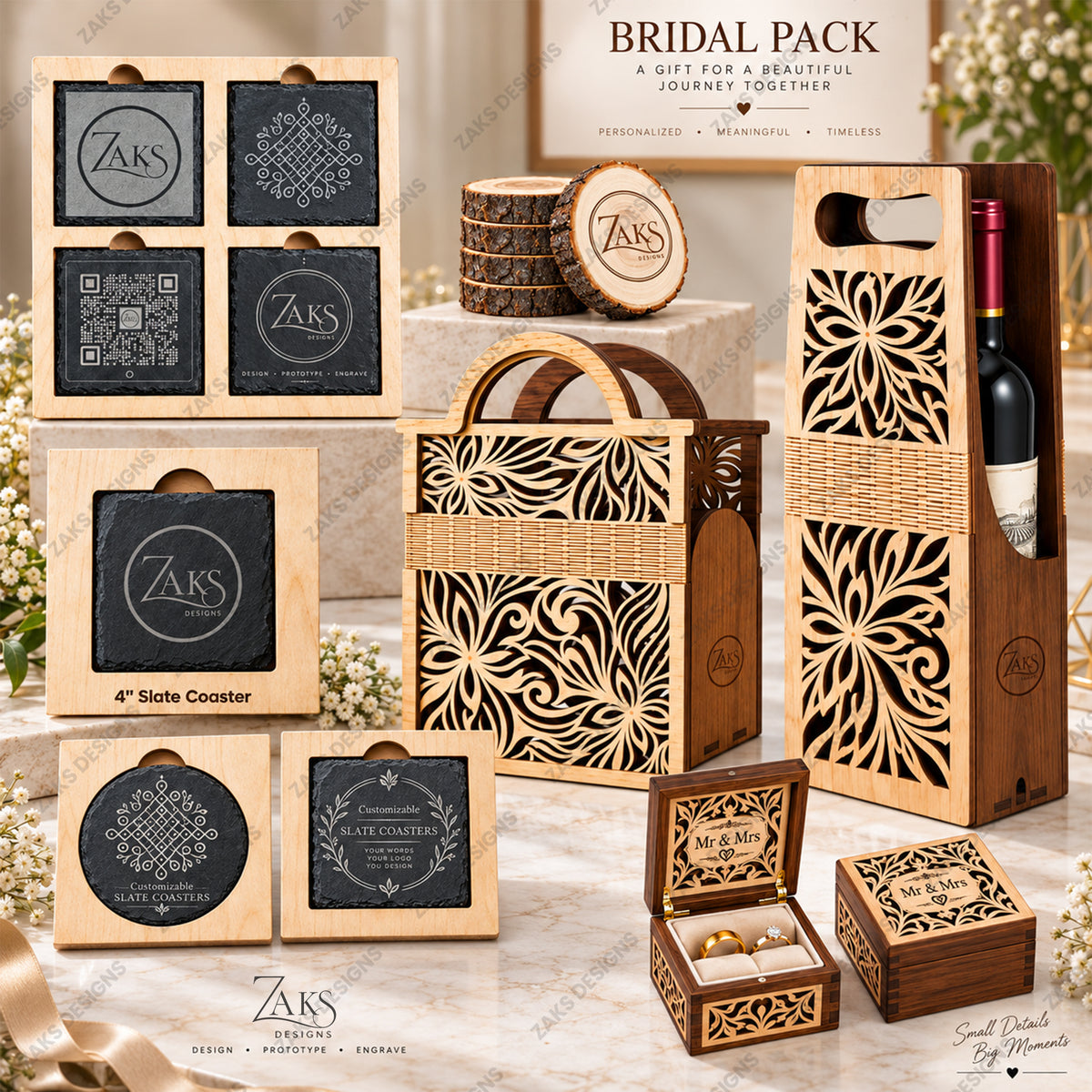 Bridal gift set featuring personalized wooden coasters, a wooden wine bottle carrier with laser-cut floral patterns, a woven tote bag, and engraved wooden boxes, all arranged on a marble surface with floral props. The set includes ZAKS branding and a 'Bridal Pack' title card at the top.