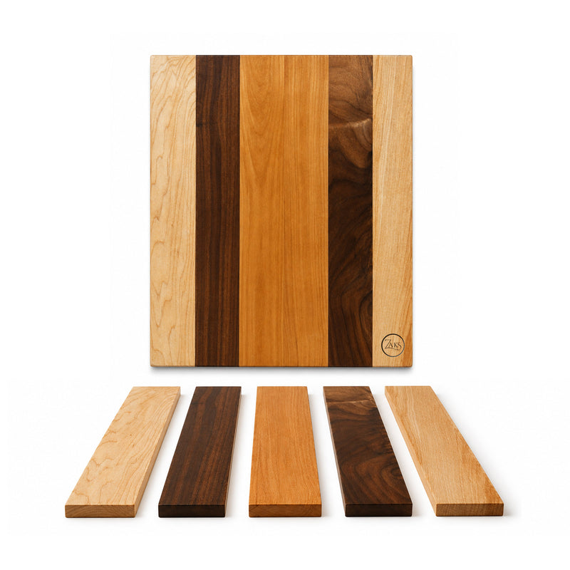 A rectangular wooden board with vertical striped wood grain in light beige, medium tan, and dark brown tones, shown above five matching wood strips on a white background. A small circular logo is visible near the lower right of the board.